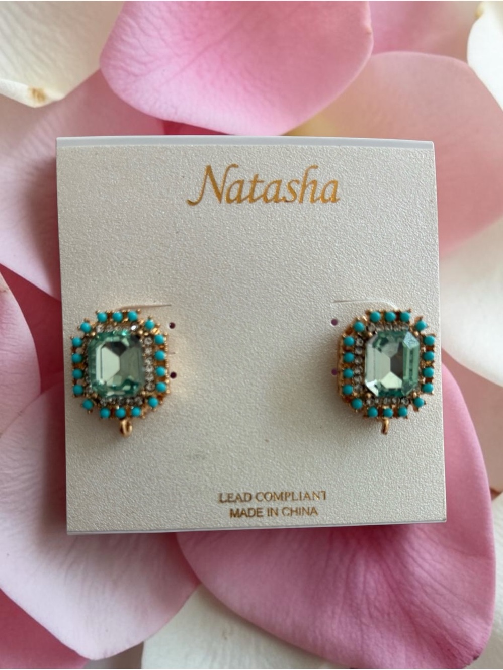 Natasha Couture Gold-Tone Earrings with Mint Green Center and Turquoise Halo